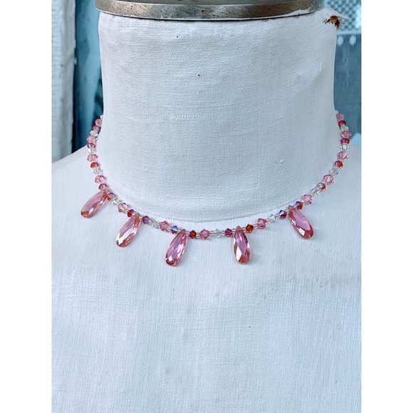 Sterling Silver Pink AB Glass Bead Necklace earrings Set - Picture 2 of 11
